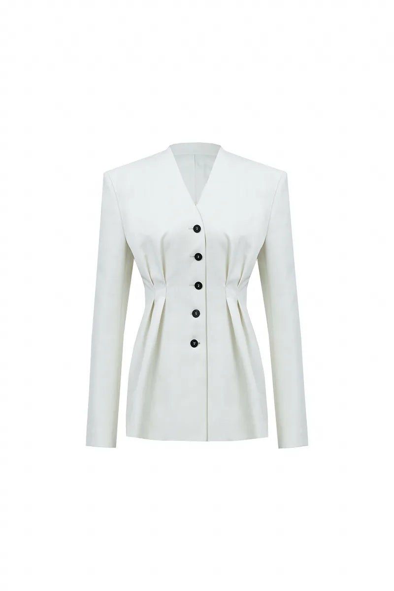 The Collarless Pleated Tailored Blazer